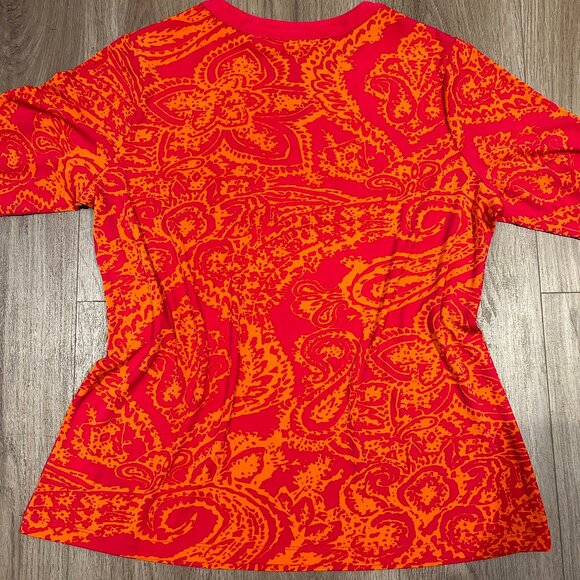 Orange and Red Patterned V-Neck Blouse | Size M - Picture 2 of 3